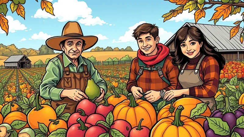 An older farmer stands with a young man and woman in front of a pumpkin patch, all smiling and holding produce. The scene is set on a sunny autumn day with a barn in the background.