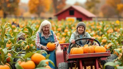 Two smiling women are in a pumpkin patch with a red barn in the background. The woman on the left is holding a pumpkin, and the woman on the right is driving a small red tractor with pumpkins in the back.