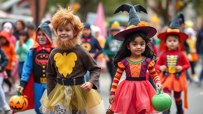 Two young children in Halloween costumes, a boy dressed as a lion and a girl dressed as a witch, walk in a parade holding candy buckets.