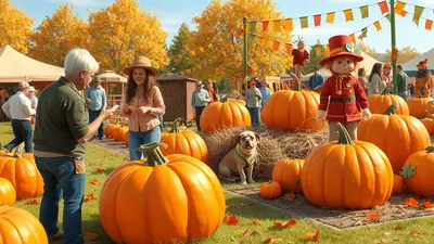 A festive outdoor pumpkin patch scene with a variety of large pumpkins, people browsing, a scarecrow, and a dog sitting amongst the gourds, under a clear sky with autumn foliage in the background.