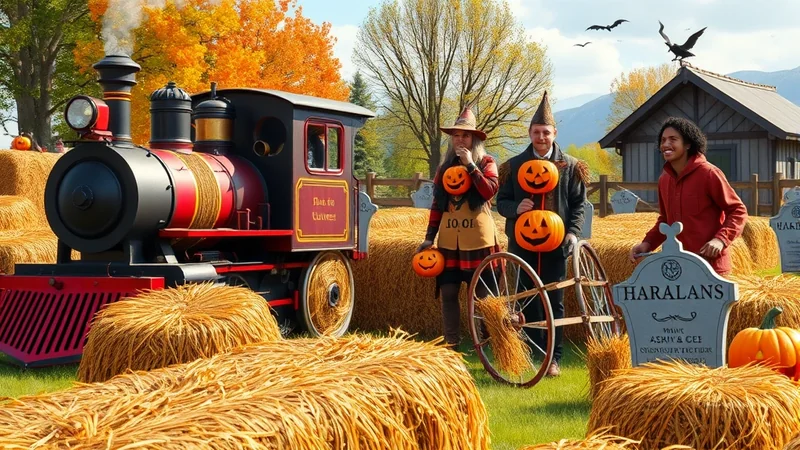 A group of people in Halloween costumes stand near a steam train and hay bales, with a spooky barn and gravestones in the background under a sky with bats.