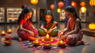 Three young girls in traditional Indian clothing sit on the floor around a colorful rangoli, lighting diyas (oil lamps) for Diwali. The scene is warm and festive, with lanterns glowing in the background.