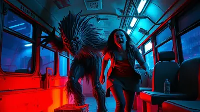 A terrified woman runs down a bus aisle as a monstrous creature with sharp claws and fangs lunges at her, illuminated by eerie red and blue lights.