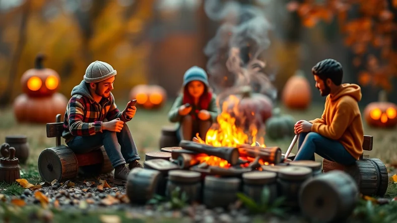 Three people sit around a campfire in a forest clearing during autumn, with glowing jack-o'-lanterns visible in the background.