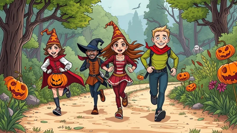 Four children in Halloween costumes run down a wooded path lined with pumpkins and a small ghost. The children are dressed as witches and a boy in a green shirt and red scarf, all smiling and appearing to be trick-or-treating or playing a game.