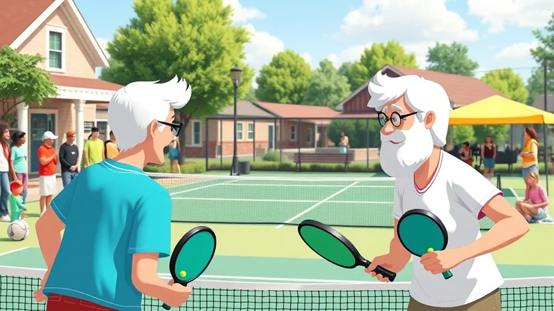 Two elderly men with white hair are playing pickleball on an outdoor court, with other people watching and socializing in the background.