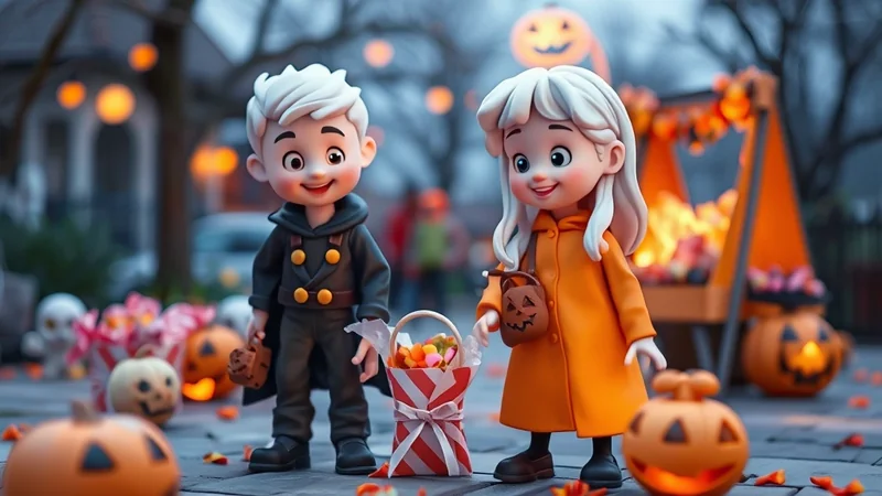 Two cartoon children, a boy and a girl, dressed for Halloween and holding candy buckets, stand on a street decorated with pumpkins and fall foliage.