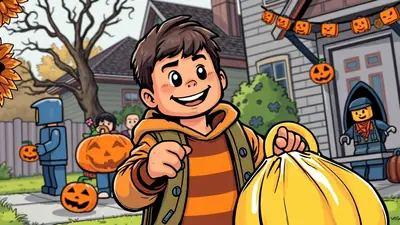 A young boy dressed for Halloween, holding a large candy bag, stands on a sidewalk in front of a house decorated with pumpkin-themed Halloween decorations. Other trick-or-treaters, including figures resembling LEGO characters, are visible in the background.