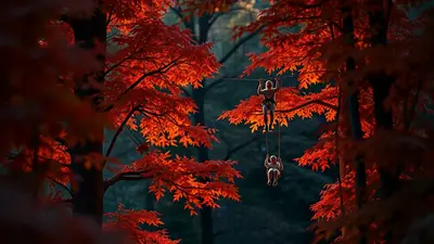 Two people are suspended in the air between trees with bright red autumn leaves, one person is standing on a rope and the other is sitting on a swing.