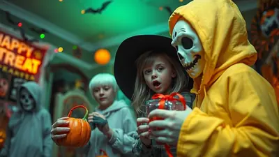 A group of children in Halloween costumes, some wearing masks and holding candy, are gathered in a dimly lit room decorated for Halloween.