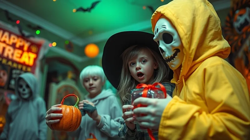 A group of children in Halloween costumes, some wearing masks and holding candy, are gathered in a dimly lit room decorated for Halloween.