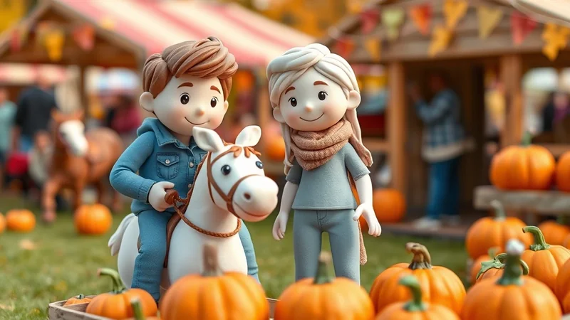 Two cartoon children, a boy riding a toy horse and a girl standing next to him, are at an outdoor autumn festival with pumpkins and stalls in the background.