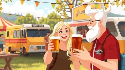 A smiling blonde woman and an older man with a white beard and horns toast with glasses of beer at an outdoor festival with food trucks and colorful bunting in the background.