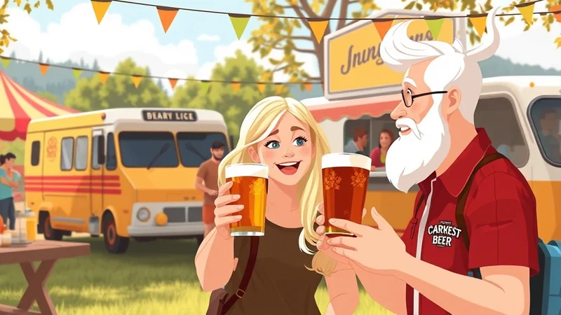 A smiling blonde woman and an older man with a white beard and horns toast with glasses of beer at an outdoor festival with food trucks and colorful bunting in the background.