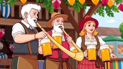 Three people in traditional Bavarian attire are playing alphorns and holding large mugs of beer at an outdoor festival.