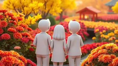 Three stylized, blank-faced figures stand in a vibrant garden filled with bright orange, red, and yellow chrysanthemums. The figures, two adults and one child, are seen from behind, facing a path lined with flowers and leading towards a traditional Asian-style pavilion in the distance. The scene evokes a sense of peaceful autumn beauty.