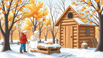 Two children in a snowy forest with a log cabin, one child is holding a magnifying glass and the other is holding a piece of food.