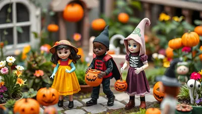 Three dolls dressed in Halloween costumes, holding jack-o-lanterns, stand in a garden decorated with pumpkins and flowers.