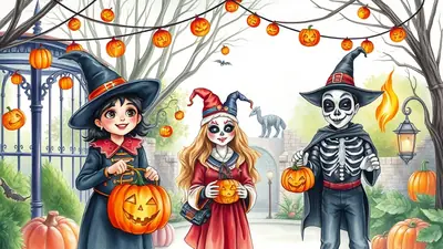 Three children in Halloween costumes stand in a park decorated with jack-o-lanterns and string lights. The child on the left wears a witch costume, the middle child is dressed as a jester with face paint, and the child on the right is in a skeleton costume. All three are holding carved pumpkins.