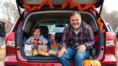 A smiling man and a young girl sit in the open trunk of a red SUV decorated with orange tinsel for Halloween, surrounded by candy and pumpkins.