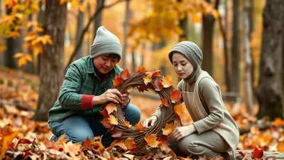 Two people, a man and a woman, are kneeling in a forest filled with autumn leaves and are working together to create a wreath decorated with colorful fall leaves.