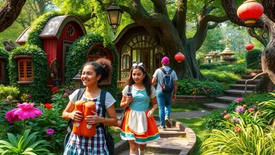 Two young girls and a person in the background walk along a winding path in a whimsical, fairytale-like garden with hobbit-style houses and lush greenery.
