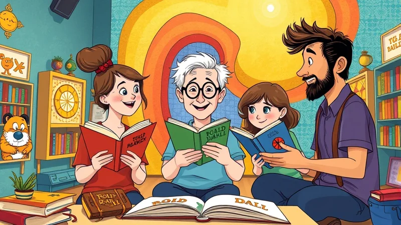 A diverse group of people, including children and an elderly man, are gathered in a cozy room filled with books, reading together. The room has a whimsical, colorful backdrop and a friendly tiger stuffed animal on a shelf, creating a warm and inviting atmosphere for a shared reading experience.