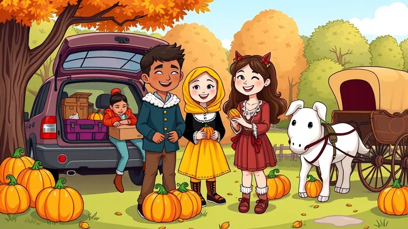 A diverse group of three children and a small white dog stand in a park filled with pumpkins and autumn leaves, with a car and horse-drawn carriage in the background, suggesting a fall harvest or Halloween outing.