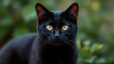 A close-up, head-on shot of a sleek black cat with striking yellow-green eyes and long white whiskers, set against a softly blurred green background.