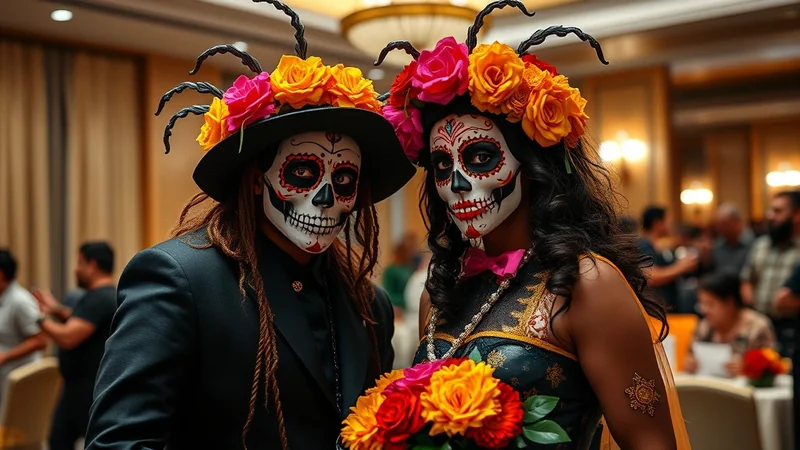 Two people in elaborate Day of the Dead sugar skull makeup and floral headdresses pose for a photo, holding a bouquet of colorful roses.