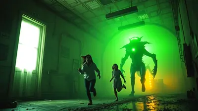 Two people are running away from a large, menacing creature with glowing green eyes in a dimly lit, green-hued hallway.
