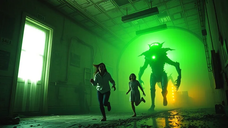 Two people are running away from a large, menacing creature with glowing green eyes in a dimly lit, green-hued hallway.