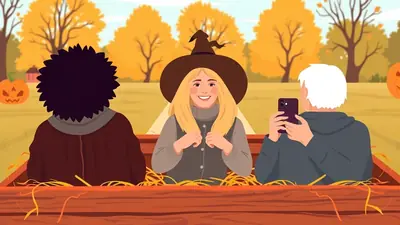 Three people sit in a hay-filled wagon with an autumn background. The person in the middle wears a witch hat and smiles, while the person on the right takes a photo with their phone. The person on the left faces away from the camera.