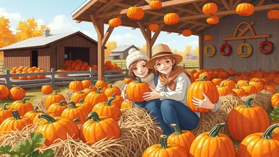 Two young women in a pumpkin patch on a sunny autumn day, surrounded by hay bales and pumpkins. One woman wears a straw hat and scarf, while the other wears a white beanie. They are both smiling and holding a large pumpkin.