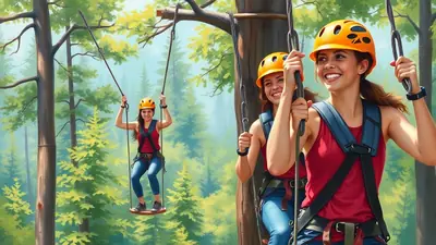 Two smiling young women wearing orange helmets and safety harnesses are zip-lining through a forest canopy, with a third woman visible further back on a similar course.