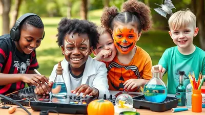 A group of five children with face paint are gathered around a table outdoors, engaged in a science experiment with colorful liquids in glass bottles, with one child wearing headphones and another dressed in a pumpkin costume.