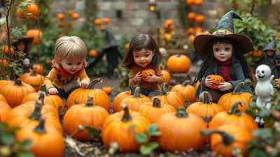 Three children dressed in Halloween costumes are surrounded by pumpkins in a garden setting. The child on the left wears a yellow shirt and orange scarf, the middle child wears a brown shirt and holds a small carved pumpkin, and the child on the right is dressed as a witch with a hat and holds a carved pumpkin. A small ghost decoration is visible to the right.