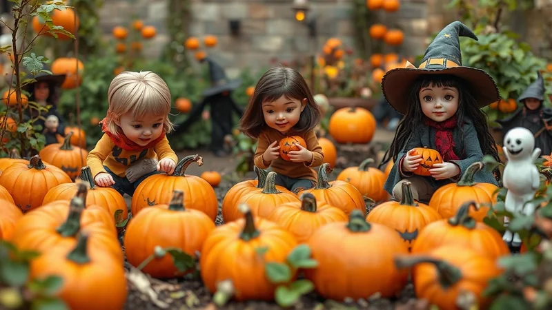 Three children dressed in Halloween costumes are surrounded by pumpkins in a garden setting. The child on the left wears a yellow shirt and orange scarf, the middle child wears a brown shirt and holds a small carved pumpkin, and the child on the right is dressed as a witch with a hat and holds a carved pumpkin. A small ghost decoration is visible to the right.
