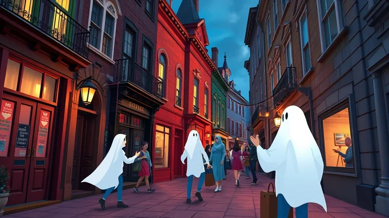 People in ghost costumes walk down a cobblestone street lined with colorful buildings at dusk, with Halloween decorations visible.
