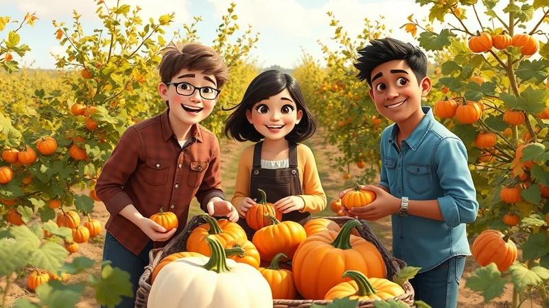 Three cartoon children are smiling and holding pumpkins in a pumpkin patch. The children are standing behind a basket filled with pumpkins, and there are rows of pumpkin plants in the background.