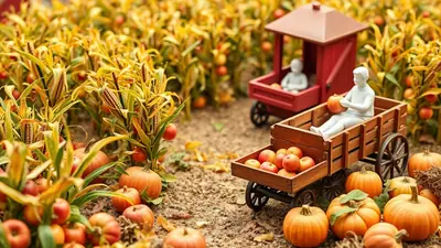 A miniature autumn harvest scene with toy wagons filled with pumpkins and apples, set amongst corn stalks and pumpkins.
