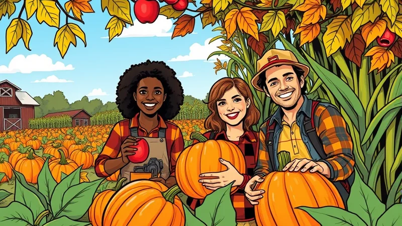 Three smiling people, two men and one woman, stand in a pumpkin patch on a sunny autumn day. They are all wearing plaid shirts and holding pumpkins. In the background, there is a barn and rows of corn stalks.