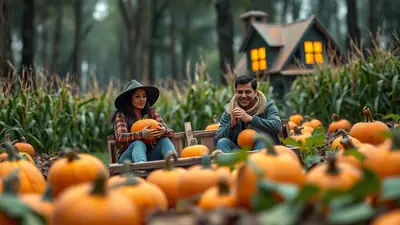 A couple sits on a bench in a pumpkin patch with a small house in the background, surrounded by corn stalks and pumpkins.