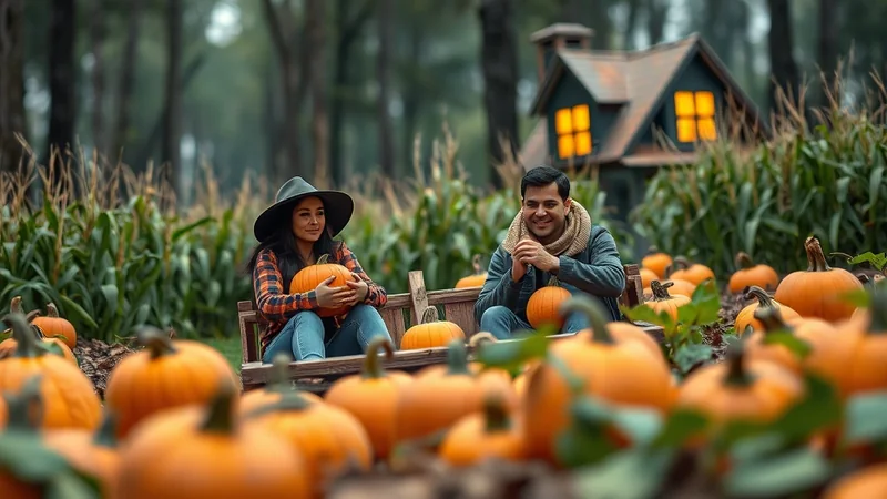 A couple sits on a bench in a pumpkin patch with a small house in the background, surrounded by corn stalks and pumpkins.