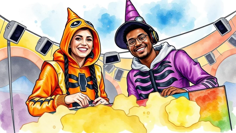 A woman in an orange cone-shaped hat and a man in a purple witch hat, both wearing costumes and smiling, stand behind a DJ booth with colorful lights and speakers in the background.