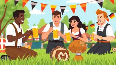 Four people in traditional German attire are celebrating Oktoberfest, holding large mugs of frothy beer and smiling. They are seated on the grass in a park decorated with German flags and colorful bunting, with a pretzel and a pumpkin-shaped decoration in the foreground.