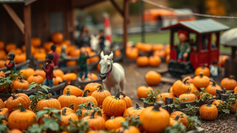A festive pumpkin patch scene with a white horse in the foreground, surrounded by numerous pumpkins and children playing in the background, with a small red train visible.