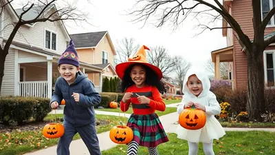 Three children in Halloween costumes are trick-or-treating on a suburban street, each holding a jack-o'-lantern candy bucket.
