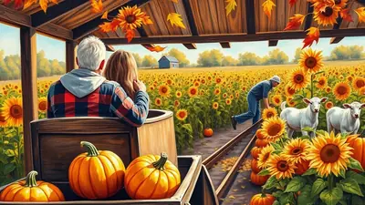 A couple sits in a wooden structure overlooking a vast sunflower field with a farmer tending to the plants and two white calves nearby. Pumpkins are visible in the foreground, and autumn leaves are scattered around the structure, creating a warm, harvest-themed scene.