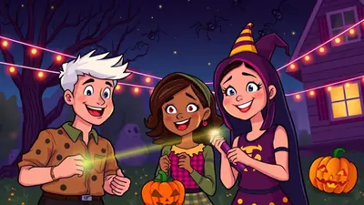 Three children in Halloween costumes are gathered outdoors at night, holding sparklers and pumpkins, with a spooky house and string lights in the background.
